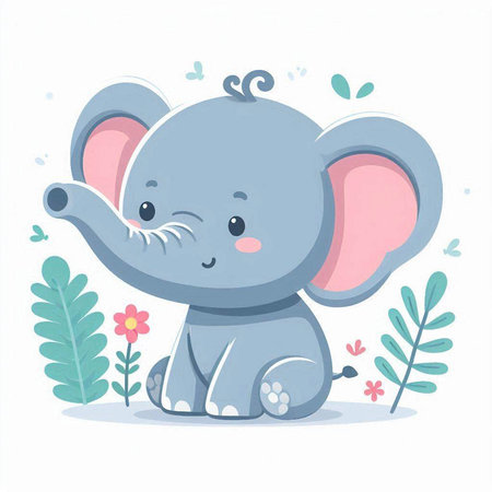 Cute baby elephant with flowers. Vector illustration in cartoon style.のイラスト素材