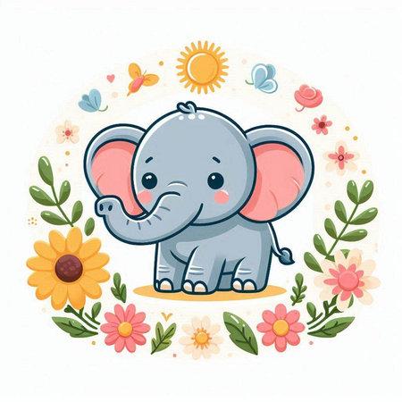Cute cartoon elephant with flowers. Vector illustration on white background.のイラスト素材