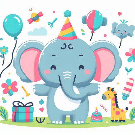 Cute Cartoon Elephant With Birthday Party Elements. Vector Illustration.のイラスト素材