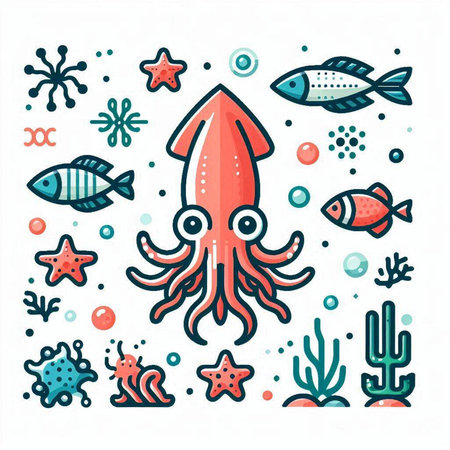 Octopus, corals, fish, seaweed, starfish, algae. Vector illustration.のイラスト素材