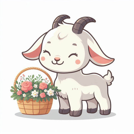 Cute goat with basket of flowers on white background vector illustration.のイラスト素材