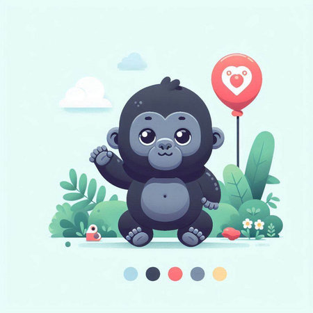 Vector illustration of a cute gorilla with balloon in the shape of heartのイラスト素材