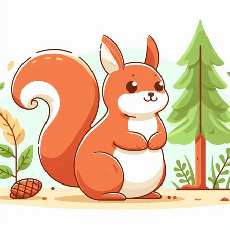 Cute cartoon squirrel sitting on the ground in the forest. Vector illustration.のイラスト素材