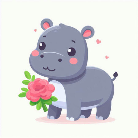 Cute hippopotamus with a bouquet of flowers. Vector illustration.のイラスト素材
