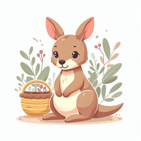Cute kangaroo sitting on the ground with a basket of eggs. Vector illustration.のイラスト素材
