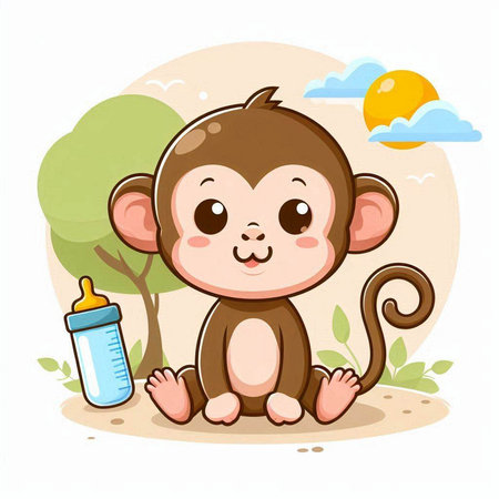 Cute cartoon monkey sitting on the ground with a bottle of milkのイラスト素材