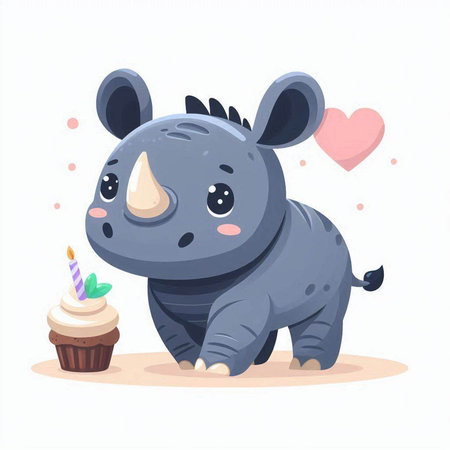 Cute cartoon rhinoceros with cupcake. Vector illustrationのイラスト素材