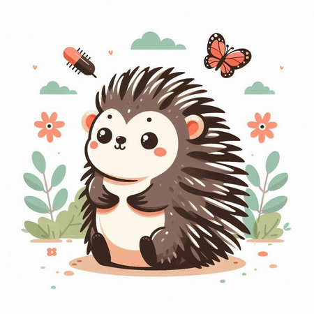 Cute cartoon hedgehog with flowers and butterflies. Vector illustration.のイラスト素材