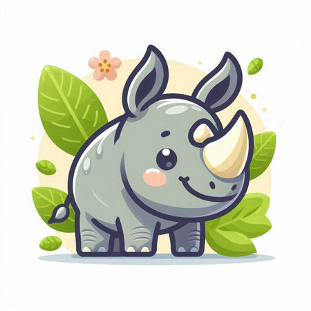 Cute cartoon rhinoceros with green leaves. Vector illustration.のイラスト素材