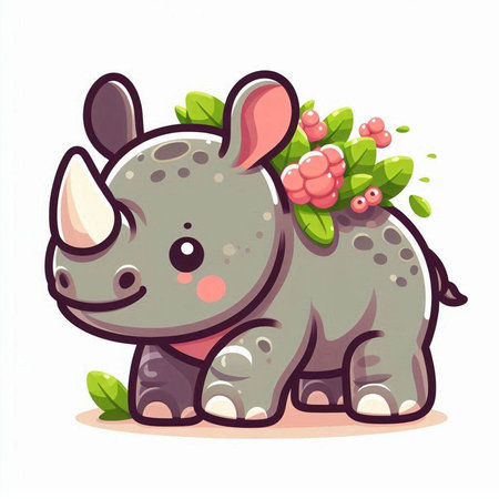 Cute rhinoceros with flowers. Vector cartoon illustration.のイラスト素材