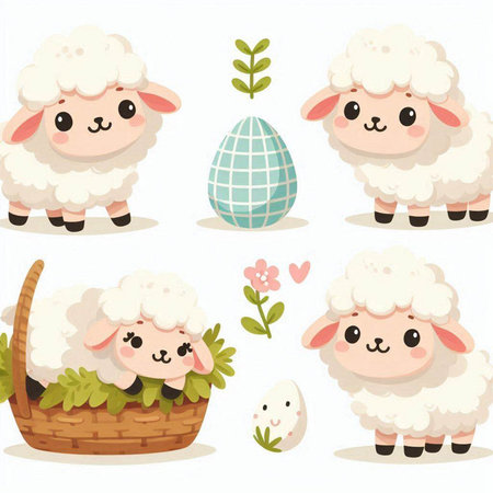 Set of cute sheeps and easter eggs. Vector illustration.のイラスト素材