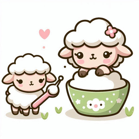 Sheep and lamb in a bowl of milk, vector illustration.のイラスト素材
