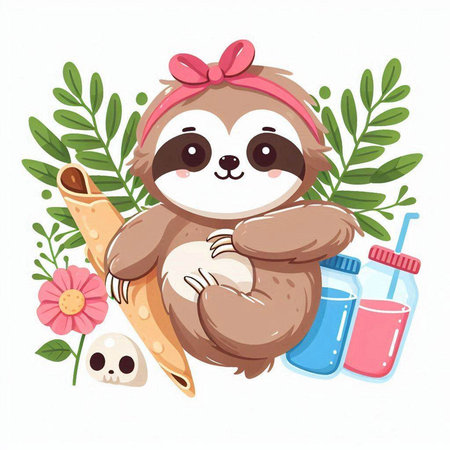 Cute cartoon sloth with baguette. Vector illustration.のイラスト素材