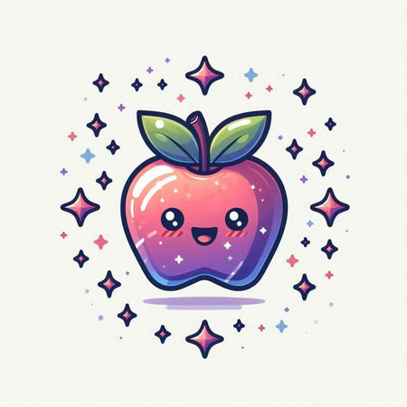 Cute kawaii apple character with stars. Vector illustration.のイラスト素材