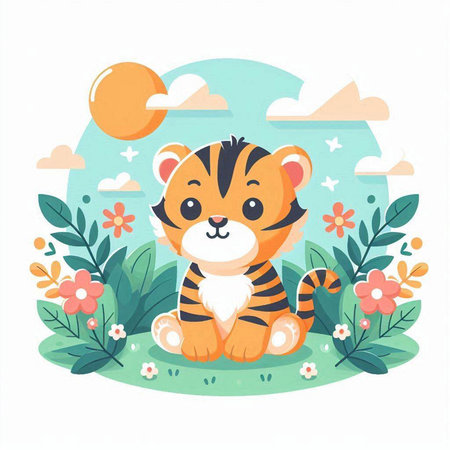 Cute tiger sitting on the grass with flowers. Vector illustration.のイラスト素材