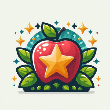 Red apple with star and leaves. Vector illustration in cartoon style.のイラスト素材