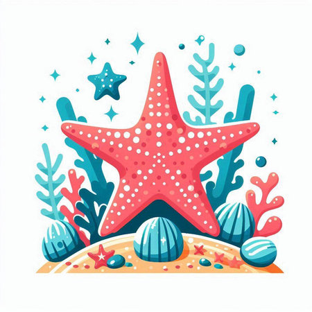 Starfish and seaweed on the beach. Vector illustration in cartoon style.のイラスト素材