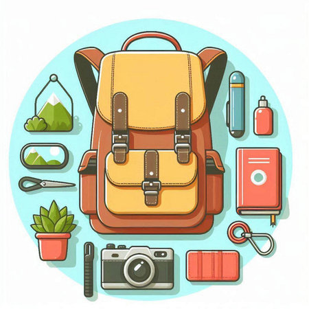 Backpack and travel equipment in flat style. Vector illustration isolated on white background.のイラスト素材