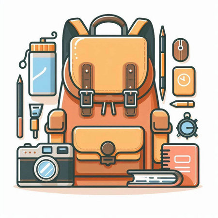 Backpack, camera, notebook, phone and other things. Vector illustration.のイラスト素材