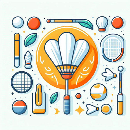 Badminton sport equipment. Badminton racket, ball, shuttlecock, racket, ball, tennis racket, ball. Vector illustration.のイラスト素材