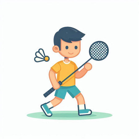 Little boy playing badminton. Vector illustration in cartoon style.のイラスト素材
