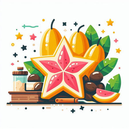 Star fruit, watermelon, starfruit, papaya, kiwi flat vector illustration.のイラスト素材