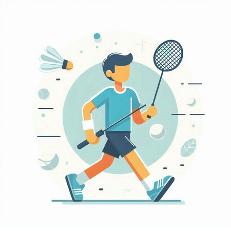 Badminton player with racket and shuttlecock. Flat vector illustration.のイラスト素材
