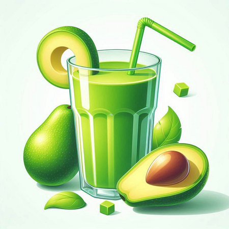 Avocado smoothie in a glass with a straw. Vector illustration.のイラスト素材