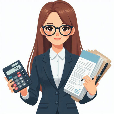 Business woman holding documents and calculator. Vector illustration in cartoon style.のイラスト素材