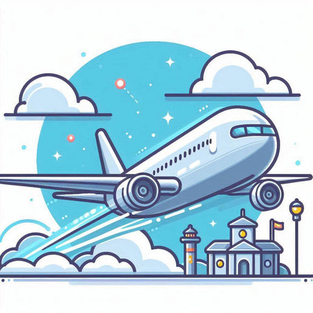 Airplane on the background of the city. Vector illustration in flat style.のイラスト素材