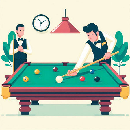 Vector illustration of a billiard table with a player and a cueのイラスト素材