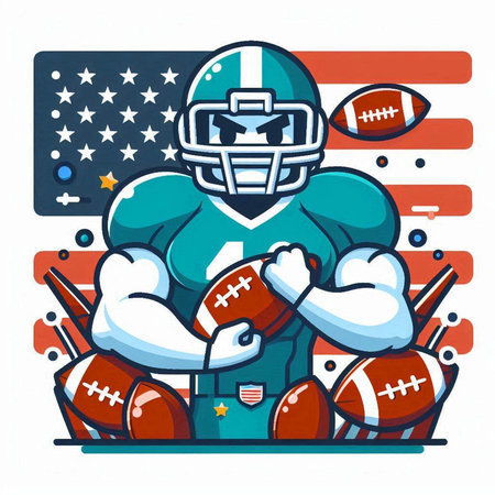 American football player with ball and helmet on american flag background. Vector illustration.のイラスト素材