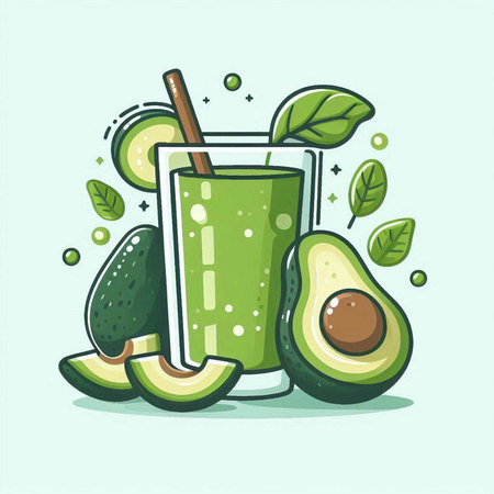 Avocado smoothie in a glass with a straw. Vector illustration.のイラスト素材