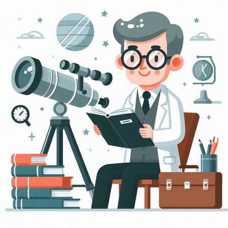 Scientist with telescope. Vector illustration in flat style. Cartoon character.のイラスト素材
