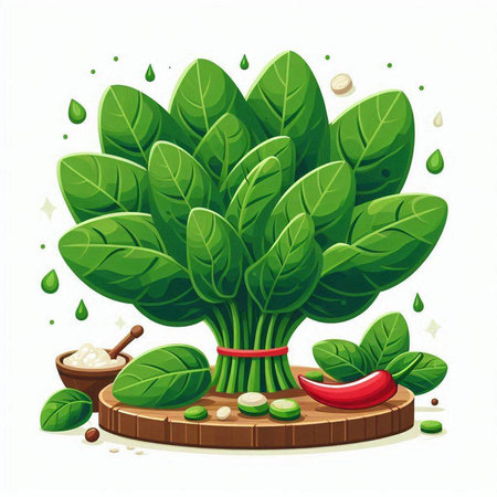 Spinach leaves and spices on white background. Vector illustration.のイラスト素材