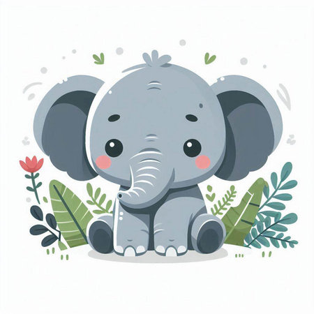Cute baby elephant with flowers. Vector illustration in cartoon style.のイラスト素材