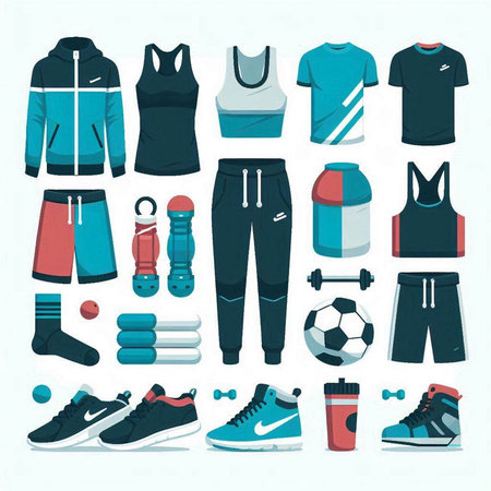 Set of sportswear and equipment icons. Vector illustration in flat styleのイラスト素材