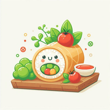 Illustration of sushi rolls with vegetables on wooden board. Vector illustration.のイラスト素材