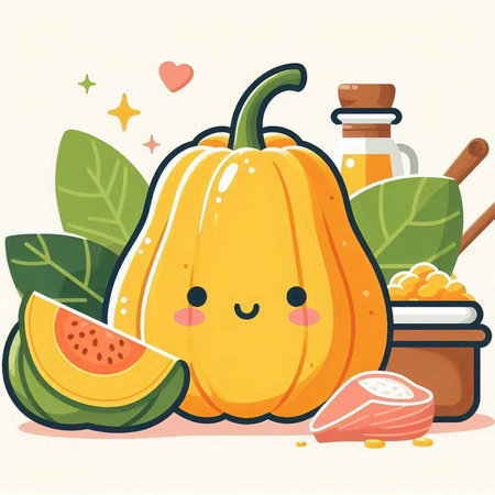 Illustration of cute kawaii pumpkin character with ingredients for cookingのイラスト素材