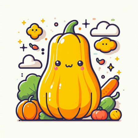 Cute pumpkin character with fruits and vegetables on white background. Vector illustration.のイラスト素材