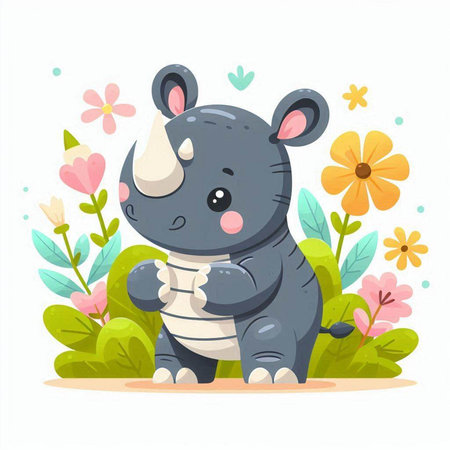 Cute cartoon rhinoceros character with flowers. Vector illustrationのイラスト素材