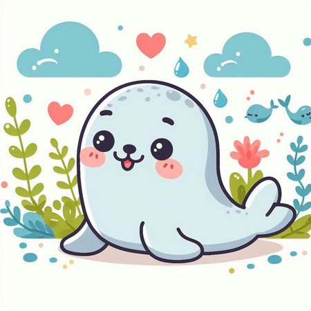Cute cartoon baby seal with flowers and hearts. Vector illustration.のイラスト素材