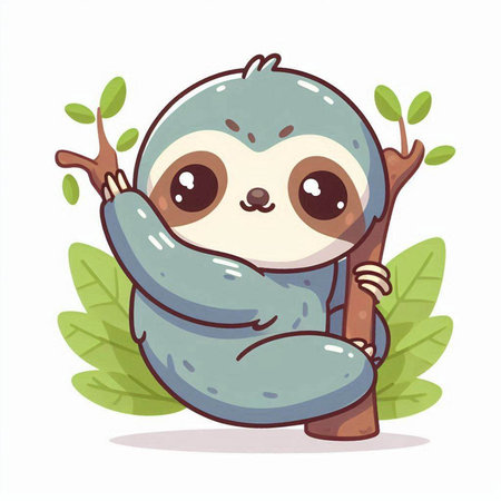 Cute cartoon sloth sitting on tree branch. Vector illustration.のイラスト素材
