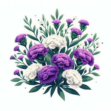 Illustration of a bouquet of purple and white flowers on a white backgroundのイラスト素材