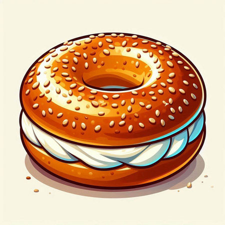 Cartoon donut with cream and sesame seeds. Vector illustration.のイラスト素材