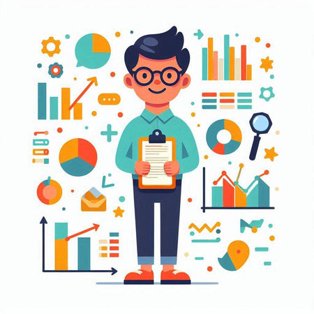 Businessman with clipboard and charts. Vector illustration in flat style.のイラスト素材