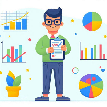 Businessman holding clipboard with business report. Vector illustration in flat styleのイラスト素材