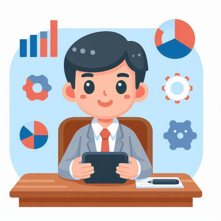 Businessman working with tablet computer. Vector illustration in a flat styleのイラスト素材