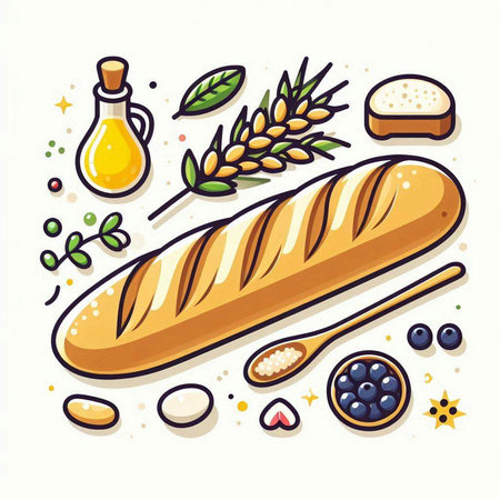 Baguette and ingredients for cooking. Vector illustration in cartoon style.のイラスト素材