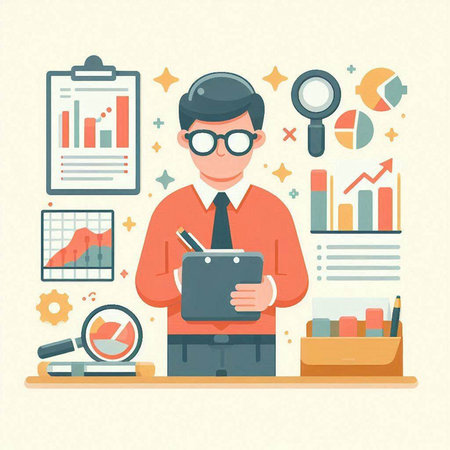 Businessman working on tablet computer in office. Vector illustration in flat styleのイラスト素材